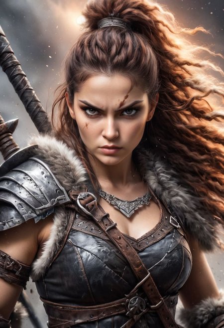 Close up portrait. A fierce barbarian warrior woman stands tall, clad in fur and leather armor, wielding a massive battle axe. Her eyes blaze with determination, and her braided hair swings wildly as she charges into battle. Scars mar her weathered skin, testament to her prowess in combat. With each step, she embodies the untamed spirit of the wild, ready to unleash chaos upon her foes.
Low-angle shot. Realistic. ral-dissolve. DEVIL SPAWN