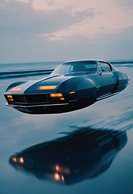 photo of a Hovering_Car, high speed floating about 50m high over the ground, without wheels, Matte black Styled flying aerodynamic Sci-fi Chevrolet, flying over DARK blue translucent water, high waves,, 
atmospheric haze, Film grain, cinematic film still, shallow depth of field, highly detailed, high budget, cinemascope, moody, epic, OverallDetail, 2000s vintage RAW photo, photorealistic, candid camera, color graded cinematic, atmospheric lighting, imperfections, natural, shallow dof