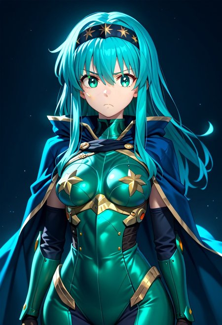 score_9, score_8_up, score_7_up, ((solo)), calm, pout, closed mouth, 1girl, solo, (medium breasts, thin waist, wide hips), peaceful, closed mouth, adult, (((eirika face))), (((cyan hair, cyan eyes))), ((long hair, hair between eyes)), (((indigo cape, metal headband, green metal_uniform, metal breast_armor))), no background, dark background, cowboy shot, dark background, portrait, Expressiveh,