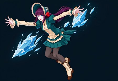 score_9,score_8_up,score_7_up,source_anime,5_figner,2d_animation,game cg,BREKE,1girl,solo,
Loretta Lecarde,purple hair,blunt bangs,hime cut,blue eyes,long hair,red lips.ltfashion,bonnet,pantyhose,red rose,dress,mini skirt,puffy sleeves,button,
small breasts,smile,nail polish,boots,
Magic,crystal,ice,flying,outstretched arms,openmouth,
black background,
masterpiece,best qualit,ultra-detailed,illustration,an extremely delicate and beautiful,beautiful detailed eyes,unity 8k wallpaper,high resolution,anime CG,official_art,