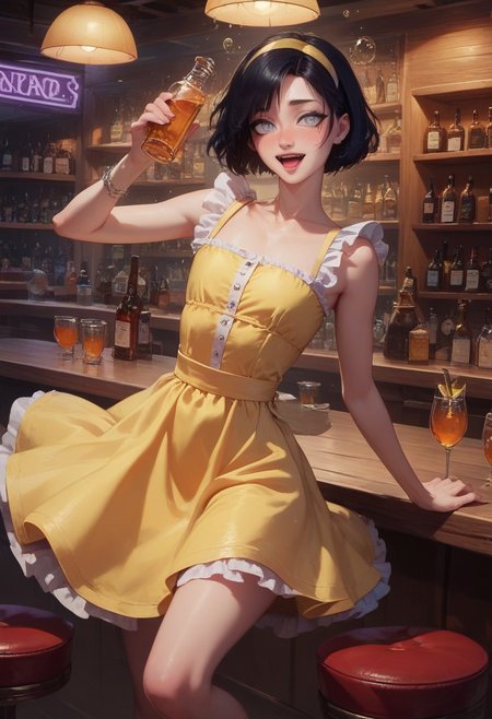 score_9, score_8_up, score_7_up, 1boy, femboy, otoko no ko, short hair, bob cut hair, black hair, grey eyes, gray eyes, feminine face, toned body, Shelly, cute sundress, yellow sundress, frills, bare shoulders, yellow hairband, bare neck, highly detailed, intricate, zzCitronCAT, drunk, dancing, crowded bar, outdoor bar, clear skies, sunny, sun, party,  concept art, realistic
