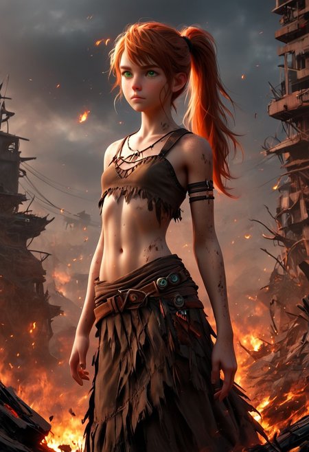1woman, Masterpiece, 4k, ultra high detail, score_9, score_8_up, score_8, 21yo,  small breast size, long red ponytail hair, fcNeg, stunning green eyes, freckles, white skin, small nose, innocent beauty, slim face,  skinny body, perfect body, supermodel, 
Dirty skin, ready to fight, never giving up, 
Native Tribal clothes, Waterworld_clothes with long skirt_ripped_side, 
Dark sky, burning sky, nighttime, night, burning skyscraper, destoyed skyline, 
 Apocalyptic scene, burning skyscraper, burning city, destroyed cars, Collapsing buildings, 
End of the World, 
negative_hand, NightScapes,