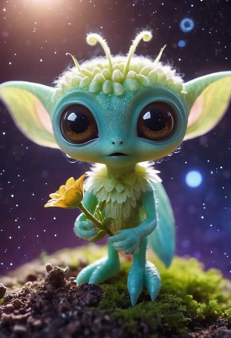 portrait of  human finger touching a macro little alien flower creature with big cute eyes,  galaxy background, tree on the planet, shotting stars,  dynamic angle, intricate details, film grain, accent lighting, soft volumetric light, shallow depth of field, cinemagraph,