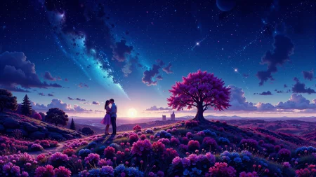a couple of lovers in the distance  kissing in a lovely garden on Valentine's Day beautiful  landscape, bright luminous starry night, woman, very intricate, very detailed, sharp, bright, colorful, <lora:Hand v2:0.5> <lora:Anti-Blur:1><lora:Insane Detail Slider:0.25>  <lora:flux.1_lora_flyway_Epic-detail_v2:0.3> <lora:fluxenhancer:0.25> <lora:ck-Neon-Retrowave:0.4> ck-rw, in the style of ck-rw,  <lora:Neurocore Anime Cyberpunk:0.8> A digital artwork in the style of cknc