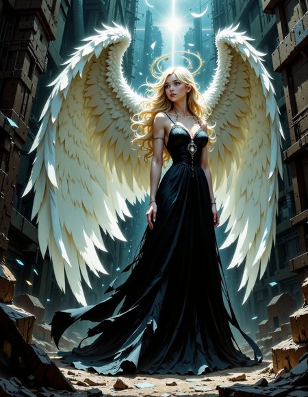 This digital artwork depicts a majestic, ethereal female angel with flowing blonde hair and large, luminous white wings. She is dressed in a black, flowing gown that contrasts starkly with the dark, industrial background. The setting appears to be an abandoned, dilapidated factory with rusted machinery and debris scattered on the floor. The image uses dramatic lighting, with a spotlight effect highlighting the angel, creating a halo-like glow around her head and casting deep shadows. The camera angle is low, looking up at the angel, emphasizing her grandeur. The composition follows the rule of thirds, with the angel positioned centrally but slightly off to the right, leading lines from the machinery drawing the viewer's eye towards her. The overall mood is one of desolation and divine intervention.
<lora:VividlyReal:1>