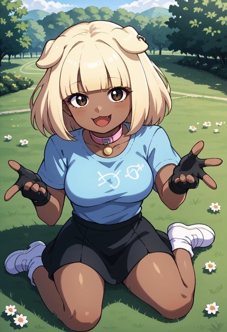 score_9, score_8_up, score_7_up, source anime,
masterpiece, best quality, detailed, amazing quality,
detailed background, bedroom, park, flowers,
detailed eyes, clean eyes,
dynamic pose, from above, sitting in grass,
1woman, woman,
easynegative, 
doribun, blonde hair, medium hair, blunt bangs, dark skin, dog ears, Blue shirt, White symbol, black skirt, white socks, white shoes, fingerless gloves, black gloves, pink collar, happy,
beckoning, reaching towards viewer