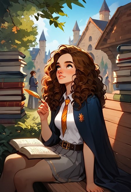 score_9, score_8_up, score_8_up, Expressiveh, palindromeshpherm, 
1girl, solo, 
((Hermione Granger, 32 years old, brown hair, medium natural breasts, gryffindor uniform)), 
Sitting, sitting on bench, ruanyi0876 ,bench, outdoors ,thoughtful, dreamy smile, surrounded by books,  (books:1.2), holding quill, learning,  thinking, looking up, 
wide shot, viewed from far away, from far away, 
(Outside:1.2), Hogwarts, park