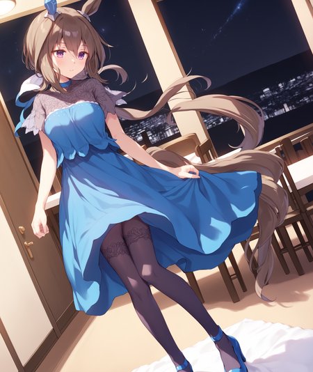 score_9, score_8_up, score_7_up, source_anime,
evening_dress, 1girl, solo, long hair, breasts, blush, brown hair, dress, hair between eyes, purple eyes, tail, ponytail, indoors, night, blue dress, horse ears, horse girl, horse tail, low ponytail, standing, lace, pantyhose, blue high heels,
 <lora:Admire_vega_XL-ponyXL_optV2-000008:1>