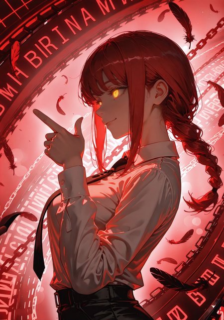 ((smile,side view,finger gun:1.5))

((1 girl,Makima,/(chainsaw man/) ,ringed eyes, red hair, braided ponytail, bangs, yellow eyes, sidelocks, medium hair, long hair))

(White shirt,black tie:1.5),((glowing eyes,floating feathers,chains background:1.5))

(Alleyway:1.5),(red theme,red hue,red light:1.4)

((foreshortening:1.5)),((extreme perspective:1.4)),(dynamic pose:1.2)),((negative space:1.1)),dynamic angle,background bokeh, background blur

artist:moriimee,Smooth_Quality,amazing quality, ((aesthetic:1.3)),((4k,8k,Ultra HD)),((Masterpiece :1.2)),((Best quality :1.2)),((Detailed :1.5)),((Detailed background :1.5))