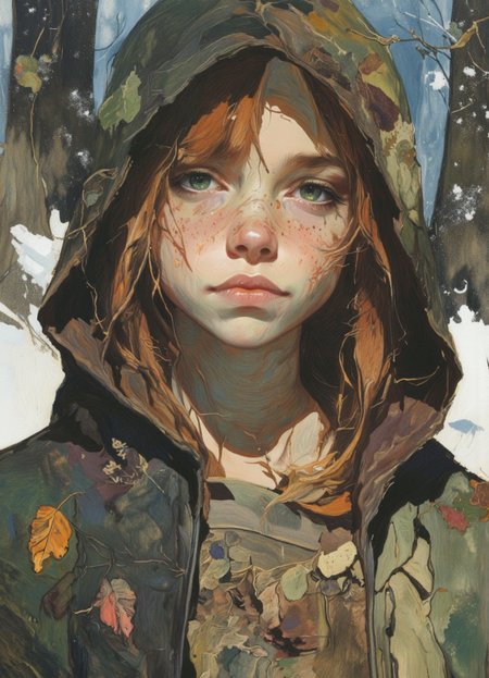 A mystical forest druidess, Extreme Upper Body Closeup Portrait, Vibrant amber and earthy green color graded. Her face, framed by a loosely draped linen hood, is illuminated by soft, diffused light that highlights her delicate features. Freckles dot her youthful yet weathered skin, telling stories of her bond with the wilds, while a subtle, satisfied smile graces her lips, exuding confidence and calm. Her piercing eyes, shaded slightly by the oversized hood, shimmer with an earthy warmth that draws you in. Strands of unkempt auburn hair peek from beneath the hood, blending seamlessly with her natural surroundings. The intricate details of her attire feature a chest piece adorned with organic patterns resembling vines and leaves, crafted from translucent amber and dark green materials. The snowy, shadowy forest backdrop contrasts beautifully with the druidessâs radiant and enchanting presence. <lora:Elden_Ring_-_Yoshitaka_Amano.safetensors:1.0>, <lora:aiai-Glimra-Flux-Dev-v2.safetensors:0.5>,  <lora:Movie_Portrait.safetensors:0.8>,  <lora:- Flux1 - soothing_atmo_V2.0.safetensors:0.4>,  <lora:lith_mimosa_kiel_grw134_FLUX.safetensors:0.7>, <lora:Instant camera portrait photography V2.0.safetensors:0.5>,