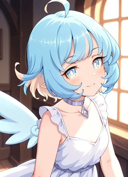 masterpiece, best quality, very aesthetic, absurdres, detailed, break, amy_(princess_connect), 1girl,short hair,blue hair,ahoge,multicolored hair,bangs,blue eyes,pointy ears,choker,wings,white dress