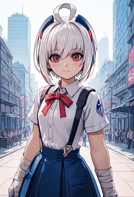 score_4,score_5,score_6,score_7_up,score_8_up,score_9 ((masterpiece,best quality,ultra detailed,highres,HD,4k:1.2)), 
Azure Striker Gunvolt(Main),shining highlights,
1girl, solo,solo focus,girl focus,face focus,
Copen(GV),white hair, ahoge, short hair,sidelocks,red eyes,head gear,
tokyo-3 middle school uniform, suspender skirt, blue skirt, ribbon,short sleeves, suspenders, shirt, red ribbon, school uniform, white shirt, neck ribbon,
((bandaged, bandaged arm, ))
outdoor, standing,city,science fiction, blush,
