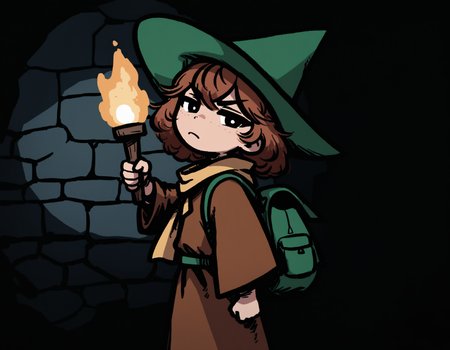 masterpiece, very awa, best quality, newest, absurdres, highres,
detailed background, indoors, stone wall, dim lighting, underground,
1boy, solo, muscular male,
black eyes, white pupils, brown hair, medium hair, flat chest, visible ears,
standing, upper body, holding torch, arm up,  half-closed eyes, looking at viewer, determined, brown robe, green backpack, large yellow scarf, green wizard hat, pointy hat, 
 <lora:bullyfox style 1200 steps:1>