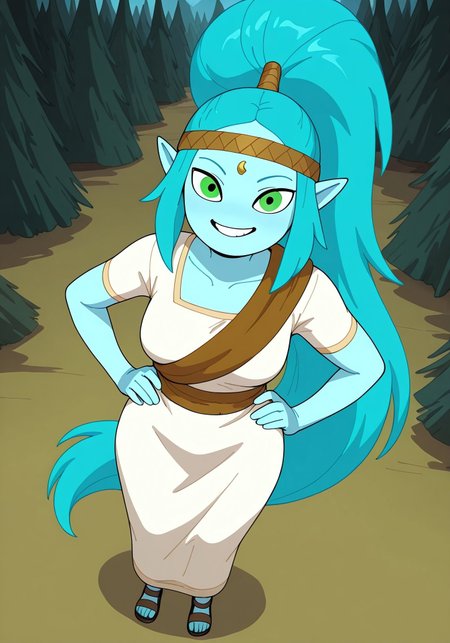 canyonILL, masterpiece, best quality, newest, absurdres, highres, 1girl, solo, long hair, colored skin, green eyes, pointy ears, blue skin, blue hair, ponytail, very long hair, aqua hair, tall female, medium build, breasts, smiling, sandals, forehead jewel, white dress, headband, high ponytail, standing, looking at viewer, smiling, forest background, dynamic angle, foreshortening, hands on hips