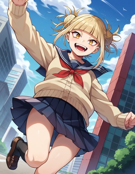 score_9, score_8_up, score_7_up, source_anime,
himikotoga, <lora:himiko-toga-ponyxl-lora-nochekaiser:1>,
himiko toga, bangs, blonde hair, yellow eyes, blunt bangs, hair bun, double bun, messy hair, smile, open mouth,
skirt, long sleeves, school uniform, pleated skirt, shoes, serafuku, socks, sailor collar, blue skirt, neckerchief, kneehighs, brown footwear, cardigan, black socks, loafers, red neckerchief, yellow cardigan,
outdoors, cityscape,
looking at viewer, cowboy shot, dutch angle, dynamic pose,
