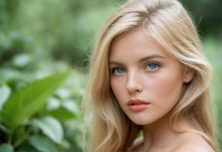 ((CinematicPortrait analog photo)) blonde  woman outdoors, blue eyes, (glossy  lipstick), (vegetation), ((soft focus, depth of field, film grain, looking at viewer)) <lora:CinematicPortraitXL_v3:0.65>