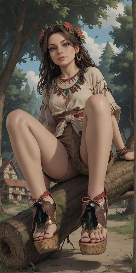 score_9, score_8_up, score_7_up, score_6_up,
1girl, 
brown hair, 
dark skin,
tribal,
sitting in tree, sitting on tree branch, legs dangling,
feet, toes, black toenail polish,
(b0h0 heels), platform footwear,
(forest:0.9), town, village,
looking at viewer, v,
hippie tunic, frayed brown shorts, 
embedding:zPDXLrl ,
embedding:zPDXL2 ,