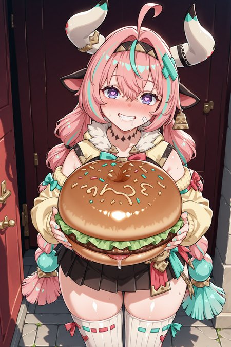 shiny skin, posing,
<lora:veresa.il:1>,
veresa,
clothed girl, 
safe, general, 
holding gigantic hamburger, heart eyes, drooling blush, grin,