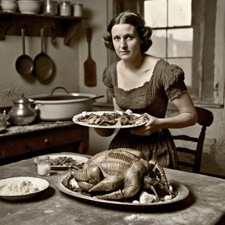 daguerreotype portrait circa 1850, woman setting a platter of roasted alien turkey and trilobites on a dirty dining table, in old kitchen, wearing a cotton revealing sexy dirty old ripped dress made of cotton, detailed face