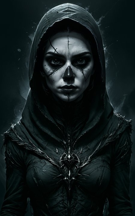 Horror-themed concept art (((black and white charcoal sketch))),woman assassin,hooded,masked,breathtaking impress me by creating an award-winning photograph exploring an original and unconventional theme that captivates and amazes the viewer. Push boundaries of traditional concepts,infusing the image with creativity and wonder,leaving a lasting impression on those who behold it,32K,absurdres,intricately detailed,. award-winning,professional,highly detailed . digital artwork,illustrative,painterly,matte painting,highly detailed,<lora:- SDXL - vant_blk_contrast_V2.0:1>,vivid contrast,<lora:detailed_notrigger:1>,approaching perfection,dynamic,highly detailed,smooth,sharp focus,art by Carne Griffiths and Wadim Kashin,trending on artstation,sharp focus,intricate details,highly detailed,by greg rutkowski,mysterious,epic,cinematic, . Eerie, unsettling, dark, spooky, suspenseful, grim, highly detailed
