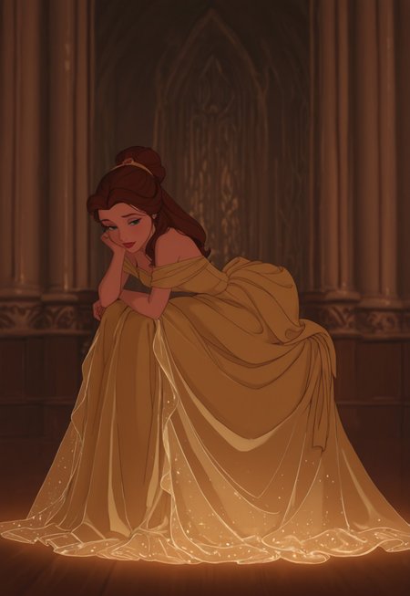 DisneyRenstyle, DISNEY_ANIMATION,
masterpiece, best quality, hyper-realistic, ultra-HD, luminous lighting, cinematic ambiance, shimmering gradients, ethereal glow, deep contrast, rich color tones, seductive atmosphere, captivating sensuality, Cinematic Lighting, (belle \(beauty and the beast\),:1.3)
raytracing, volumetric lighting, ambient occlusion, Background, girl, solo, dress, sitting,leaning forward,
