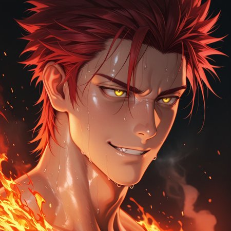 masterpiece, best quality, amazing quality, absurdres, newest, detailed background, definition so sharp, Ultra-HD, 8K cinematic, very awa, impressionate, amazing quality, highres, 
solo, male focus, manly, 
1boy, spiked hair, short hair, mikoto_red hair, mikoto_yellow eyes, mikotosuoh, close up, eye contact, intense gaze, sweat, slight smirk, fire \(effect\), glowing, dark background, embers, smoke, raw power, contained, smoldering, dangerous