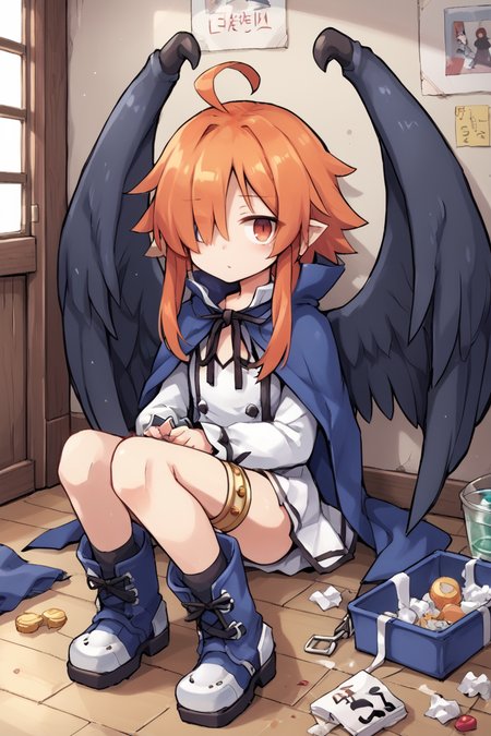 score_9, score_8_up, score_7_up, source anime, <lora:backgroundsetXL:0.3> , background, BREAK, solo, looking at viewer, <lora:No._367__Sannrokunanagou:0.7> , thrdef, 1girl, long hair, medium hair with long locks, (hair over one eye), wings, feathered wings, dress, white dress, short dress, blue cloak, popped collar, neck ribbon, black ribbon, center opening, long sleeves, thighlet, boots <lora:messyXLP:0.6> , messy, indoors, clutter,  <lora:karukan_PDXL:0.6> , karukan \(monjya\), orange hair,