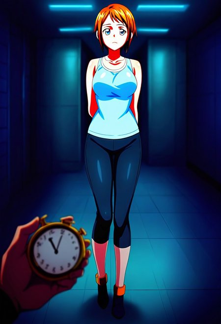 <lora:add-detail-xl:0.5>,,masterpiece,best quality,anime coloring,anime screenshot,
<lora:Female_Android:1>Female_AndroidV1,
1girl, 1boy, expressionless, standing, 
pov hand holding ,full body, arms behind back,  
The android’s movement has stopped,
instantly freezing the female android in place,
Female Android, expressionless,front view,
Female Humanoid Robot,stop watch, 
Motion-stopping controller,