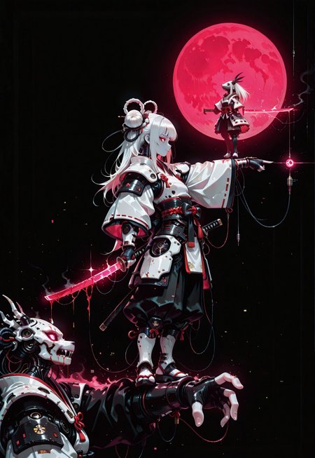 1girl, cybernetic girl, 1other, solo focus, samurai, long hair, white hair, double buns, fanged bangs, Japanese armor,  black_gloves, fingerless_gloves, holding weapon, stretched out arm, pointing forward, armor, from_side, full body, profile, blood, night, pale moon, shoulder_armor, full_moon, pauldrons, white_armor, arm_guards, dark_theme, glowing_katana, full_moon, glowing_sword, (monochrome, negative space:1.2), dark, huge red moon, close up, futuristic, cyberpunk, simple background, black background, color key,  wire frame, glitch art, painterly, no lineart, no outline, fine art, masterpiece, best quality, good quality, very awa, very aesthetic, absurdres, newest, 8k, high contrast, in the style of cknc, usnr, wat, haiz_ai