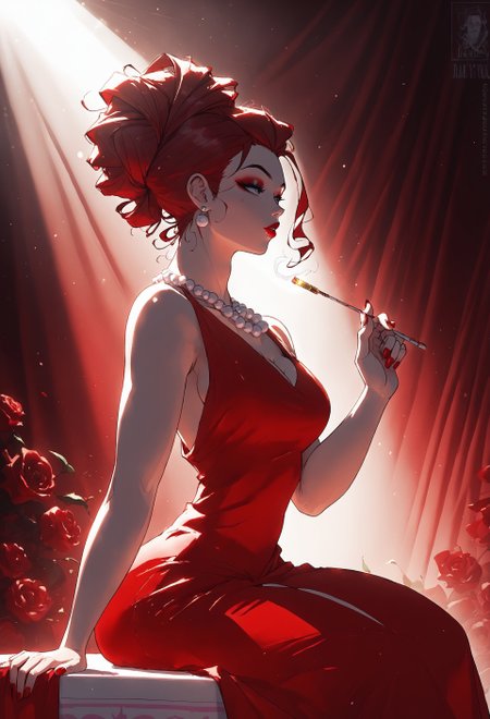score_9, score_8_up, score_8, 
1girl, solo, 
huge thick thighs, 
huge boobs, perfect body, lithe body,
(woman in red dress:1.6), (pearl necklace:1.4), (1920s hairstyle:1.4), elegant makeup, sitting in cabaret, dim lighting, red and burgundy tones, vintage atmosphere, art deco background, cigarette holder in hand, moody expression, soft shadows, side view, waist-up shot