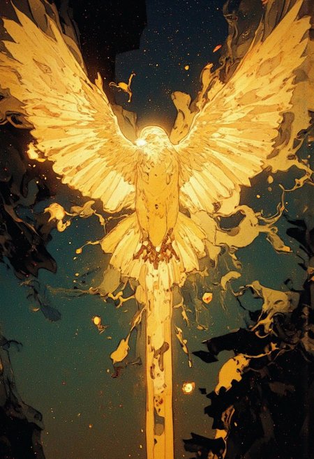 A mystical, divine hawk soars overhead, its feathers glowing with a radiant golden-yellow light. The majestic bird emanates an aura of power and grace, leaving behind a shimmering trail of golden dust and ethereal smoke that swirls in the air. Its wings spread wide, radiating divine energy, as the warm glow contrasts beautifully against the darker, mystical sky. The atmosphere feels enchanted, celestial, and filled with an ancient, otherworldly presence.