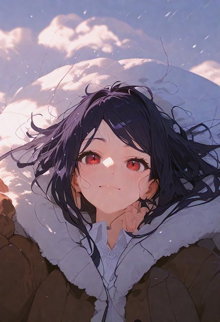 score_9, score_8_up, score_7_up, source_anime, BREAK, dynamic pose, portrait, lying in snow, head resting in snow, half buried on snow, snow on hair and clothes,, 1girl, jill stingray, dark purple hair, long hair with low ponytail, coat, cold, shivering, warm smile, blush, white shirt, silver pendant, earrings, warm light from side, tiny reflections in the snow, refined, winter, snow,