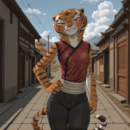 masterpiece, best quality, amazing quality, absurd res,
<lora:add_detail:1>
 <lora:Master_Tigress_Kung_Fu_Panda_for_Illustrious:0.7> 1girl, yellow sclera, orange eyes, furry female, m4stertigr3ss, solo, tail, red qipao, black silk pants, waist wrap,
 <lora:Mangamaster_style_V4:0.8> Mangamast3r,
hand on hip, outdoors, blush, smug, looking at viewer,