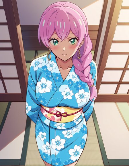 score_9, score_8_up, score_7_up, source_anime, uncensored, <lora:StS_detail_slider_v1:3>, zPDXLxxx, <lora:Akari_Watanabe_PONYXL_VexVexX:1>, AkariWatanabe, green eyes, pink hair, braid, hair over shoulder, bangs, large breasts, japanese clothes, yukata, blue kimono, floral print, earrings, jewelry, hair ornament, sash, obi, cowboy shot, bedroom, from above, standing, hands behind back, thighs, looking at viewer