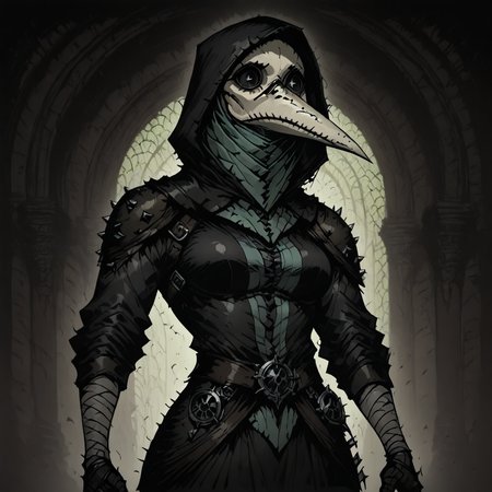 masterpiece, best quality, newest, absurdres, highres, anime, anime style, 1girl, black eyes, shaded eyes,  DDPD-V1.1, plague doctor mask, mask, armor, shoulder pads,