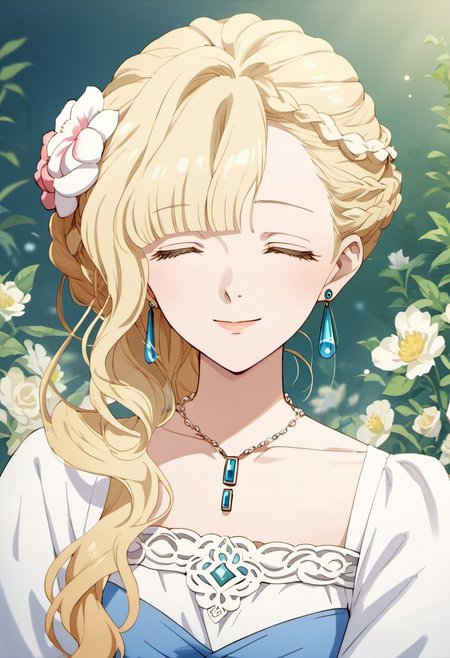 score_9, score_8_up, score_7_up, source_anime, elianna bernstein, blonde hair, long hair, blue eyes, 1girl, jewelry, solo, closed eyes, flower, hair flower, hair ornament, braid, earrings, smile, necklace, anime coloring