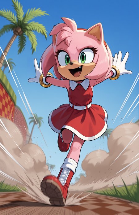 1girl, solo, full body, no humans,
<lora:Movie-Amy_v4-30:1> movieamy, petite, short legs, animal nose, pink fur, green eyes,
red hairband, red dress, sleeveless dress, backless outfit, white belt, collared dress, white socks, white gloves, standing, lace-up boots, red boots, gold bracelet,
happy, running, motion lines, motion blur, speed lines, :d, fang, outstretched arms, 
<lora:Green_Hill_Zone-IL:0.8> gr33nh1ll, outdoors, blue sky, palm tree, grass, water, checkered dirt, dust cloud, extremely detailed, highres, masterpiece, best quality
