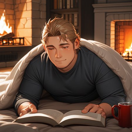 masterpiece, best quality, amazing quality, absurdres, newest, detailed background, definition so sharp, Ultra-HD, 8K cinematic, very awa, impressionate, amazing quality, highres, 
solo, male focus, manly, plump, shadow, shiny skin,
ekusoushizumu, ekusou_brunette, ekusou_orange eyes, 1boy, short hair, sideburns, stubble, cozy, warm_lighting, fireplace, soft_blanket, book_reading, hot_drink, peaceful, relaxed, hygge, indoor, gentle_smile, natural_light