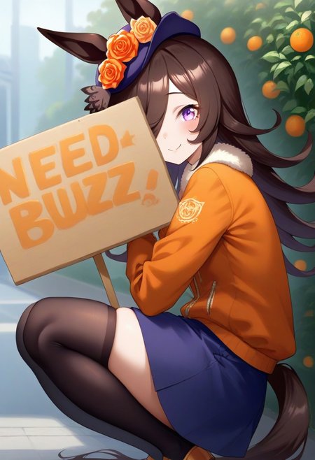 (umamusume,rice_shower_(umamusume),) 1girl,  long_hair, long_sleeves,, solo,  (need_buzz, buzz, need_buzz, holding sign, holding sign ), 
, blood orange style,from side, black_thighhighs, outdoor,pg,
orange flower, orange jacket, orange rose, 
(animal_ears, blue_skirt, brown_hair, flower, hair_over_one_eye, hat, horse_ears, horse_girl, horse_tail, jacket, long_hair, looking_at_viewer, purple_eyes, purple_hat, rose,  skindentation, skirt, smile, solo, standing, tail,  
linea_alba,squatting, looking at viewer,  tilted_headwear, shaded face, fake smile, nervous sweat, wavy mouth, , very awa, general, :0.8)