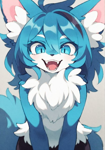 ffsyt, 1girl, solo, blue fur, fluffy ears, long chest fluff, paws, black claws, straight on, smile, teeth, fangs, 

masterpiece, best quality, amazing quality