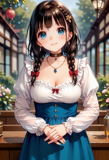 score_9, score_8_up, score_7_up, 1girl, YukiuCP, (big breasts1.2). smiling, happy, wide thighs, wide hips, mature woman, masterpiece, best quality, ultra high res, smiling, happy, (detailed eyes:1.2), sadie sink, in la bete movie, by Walerian Borowczyk, erotic, 1girl, blue_eyes, blurry, blurry_background, braid, choker, depth_of_field, dress, earrings, eyelashes, freckles, hair_over_shoulder, jewelry, lips, long_hair, long_sleeves, looking_at_viewer, necklace, pendant, puffy_long_sleeves, puffy_sleeves, realistic, single_braid, solo, twin_braids, upper_body