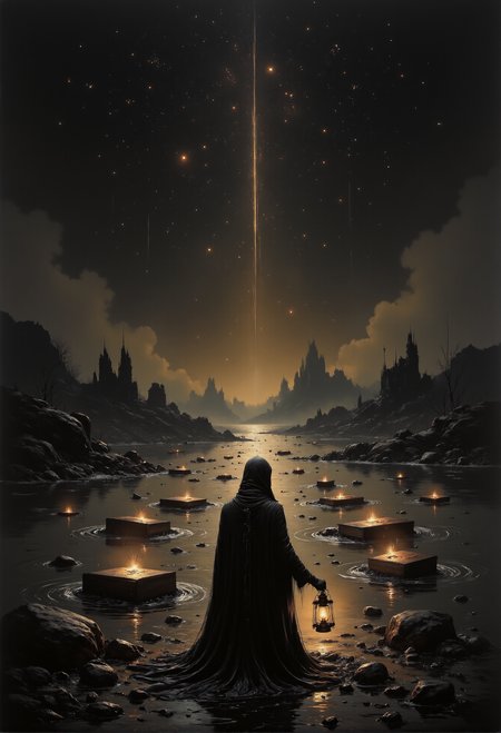 A mysterious and surreal scene featuring a cloaked figure standing at the edge of a vast, glowing river under a star-filled night sky. The river is filled with floating, illuminated objectsâcoffins, books, keys, and other symbolic artifactsâcasting faint ripples of light across the water. The figure, shrouded in a dark hood, holds a lantern emitting a warm, ethereal glow, illuminating their path. Mist swirls around the riverbank, blending into the faint silhouettes of distant, ancient ruins on the horizon. The atmosphere is both serene and otherworldly, balancing mysticism and quiet introspection. <lora:artisketchyfs-v02.safetensors:0.75>,  <lora:we-br-v2.safetensors:1.0>,