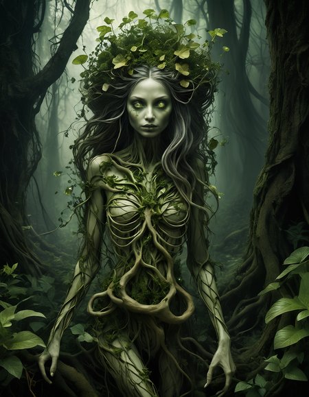the degradation of human evolution, evil (forest being:0.7), (dryad:0.2), corrupted, leaves, whirling roots and vines forming the rough shape of a (adult woman:0.5), (hair:0.2) made of vines, corrupted grey-green (skin:0.7) made of roots-vines-leaves, poison (orchids:0.4), horror, (root skull:0.4), (amber:0.3), flowing with (forest green:0.3) magic, magical mushrooms, swirling transparent dark green magic, fireflies, root skeleton, (groot:0.2),  close-up, (masterpiece:1.2), (epic composition:1.4), (talent:1.2), ultra detailed, highly detailed, insanely detailed, (p, exquisite, sharp, elegant, ambient lighting,, high quality, <lora:add-detail-xl:2> ,    <lora:takma2:0.8> , glowing evil green eyes, in creepy magical forest,
