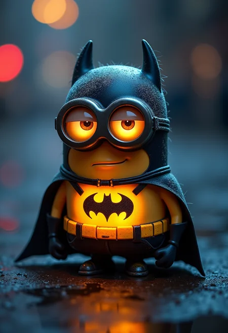 A Batman minion, translucent, cute, glowing, rim lit, vibrant, 8k resolution