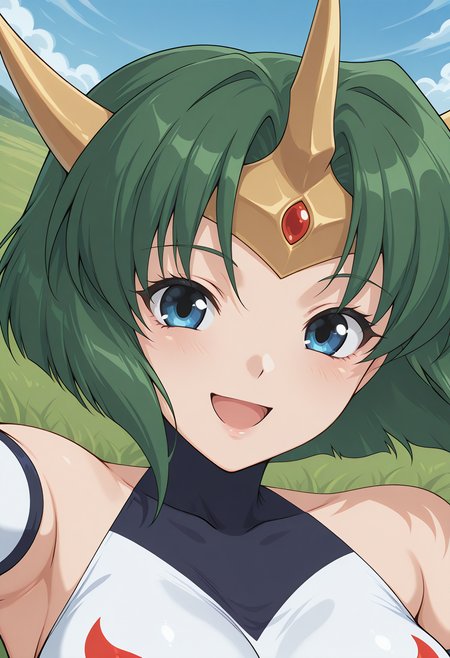 sonic_cat, blue eyes, green hair, short hair, horns, circlet, leotard, circlet, fingerless gloves, elbow gloves, <lora:sonic_cat_illustrious_ver1:0.8> 
smile, open mouth,, masterpiece, best quality, sensitive,, 1girl, solo, blue sky, (grasslands:1.2), looking at viewer,, (upper body:1.2), (close-up:1.2), (facing viewer:1.2), (open eyes:1.4), (portrait:1.2)