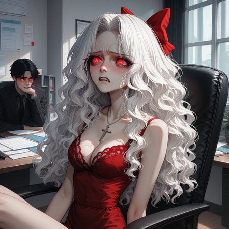 score_9, score_8_up, score_7_up, sexy, (bright colors: 1.7), (private office), big chair, inside, (cleavage), sitting in chair, white hair, extremely long hair, wavy hair, hair to one side, sad eyes, begging, slim, emaciated, (glowing red eyes), slight fangs, upturned nose, red lingerie, lace, arched back, red light, anime, gothic asthetic, long beautiful legs, hair bow, crucifix necklace, (blushing: 1.2), (