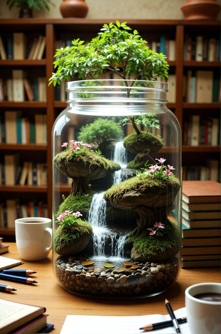A photograph of a glass jar filled with a small, lush, green plant and a waterfall. The jar is placed on a wooden desk in a library, surrounded by bookshelves filled with books. The plant has a single leafy tree at the top, and the waterfall cascades down a rocky cliff. The glass jar is filled with pebbles and water, creating a serene and natural scene. The background is blurred, focusing attention on the jar and its contents. The lighting is soft and natural, highlighting the natural beauty of the scene..    
,photorealistic,masterpiece, best quality, amazing quality, very aesthetic, perfect eyes, 24yo, ( dramatic lighting) ,
,flower, indoors, water, blurry, cup, tree, book, no_humans, blurry_background, depth_of_field, table, plant, scenery, pink_flower, desk, paper, mug, bookshelf, pen, pencil, coffee, shelf, book_stack, coffee_mug, waterfall, jar, moss
