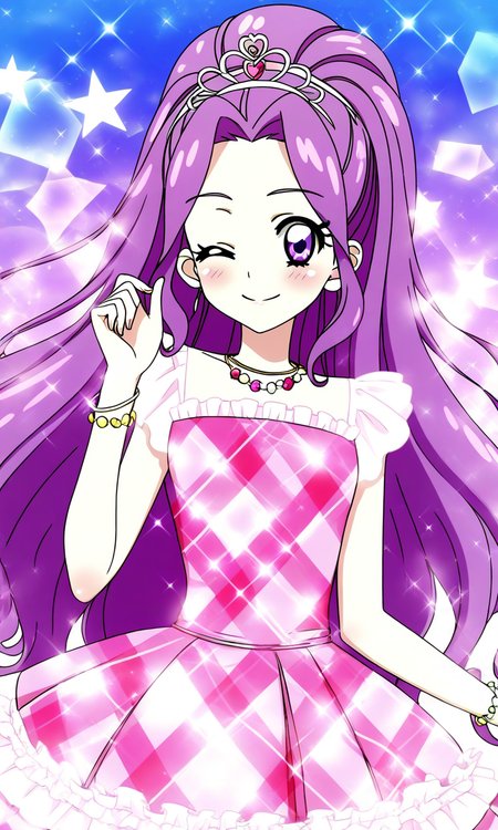 general,highres, ultra-detailed,very aesthetic,best quality ,best hands, BREAK <lora:Kanzaki_Mizuki_aikatsu!_IS:1>
kanzaki_mizuki(aikatsu!), 1girl, solo, purple hair, purple eyes, long hair, ponytail, high ponytail, hairband, very long hair,
one eye closed, smile, pink dress, jewelry, 
necklace, star (symbol), looking at viewer, ;), bracelet, tiara, argyle, gradient background, gradient, plaid, frills,
sparkle, sky, outdoor,