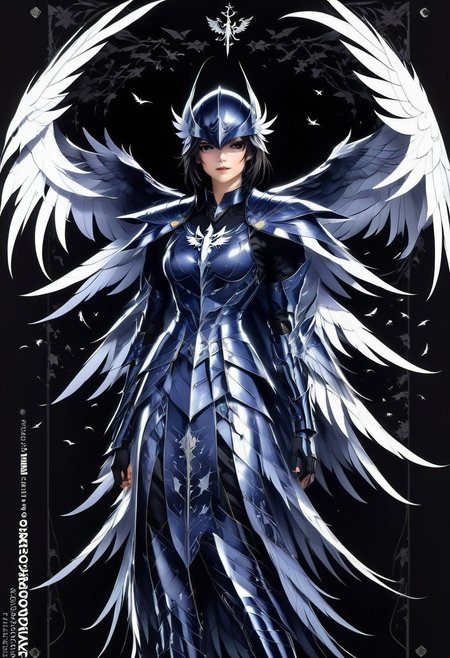 score_9, score_8_up, score_7_up, source_anime, masterpiece, best quality, full body, full body shot, 1girl, solo, humanoid crow armor, aerodynamic design, lightweight materials, crow head helmet, retractable visor, reflective lenses, glossy black breastplate, feather patterns, wing-like shoulder pauldrons, flexible arm sleeves, claw-like gauntlets, segmented fingers, fitted greaves, textured boots, retractable wings, utility pockets, deep black colors, iridescent highlights, metallic accents, agility, mobility, protection, crow in background, crow (symbol), black background, demoniac, dark, chiaroscuro, low-key, dynamic pose,
