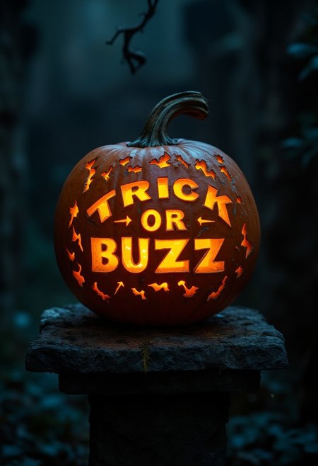 A masterful cinematic photograph of a beautiful, detailed carved pumpkin glowing from within atop an old stone plinth.
The raised carving on the pumpkin uses different layers of carving in the pumpkin and inlays of gold and cyan to create a beautiful scene that glows from within with the bright light of a candle.
The scene carved on the pumpkin is a bolt icon and  text in bold scary letters. The text spells: "TRICK OR BUZZ"
The composition focuses on the pumpkin and the carving, the stone plinth and dark, eerie surroundings are just accompanying, out of focus.
The color palette uses three colors, mainly rich orange tones, deep vibrant cyan and bright gold. The overall ambiance is mysterious, dark and eerie.
The lighting setup masterfully captures the glow from within the pumpkin and enough light from the outside to display the detailed carving on the pumpkin.
The image is a masterpiece that captures the captivating charm of a beautiful painting decorated with baroque patterns. Its resolution is ultrahigh and detailed.